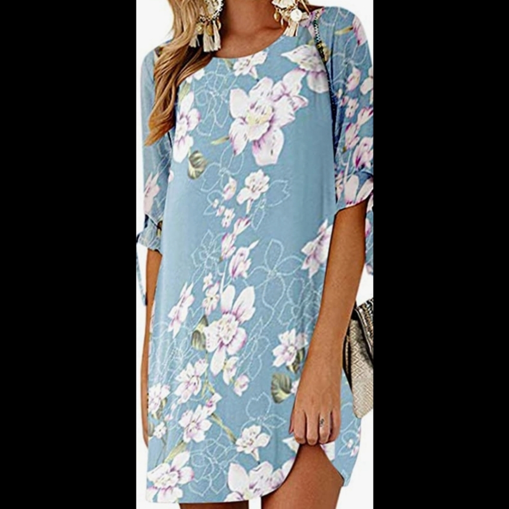 Kidsform Floral Crew Neck Tunic Self-tie Half Sleeves Mini Dress